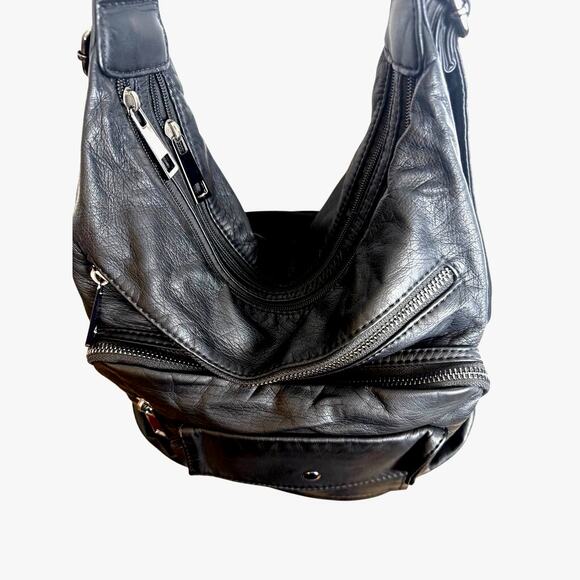 Unbranded Black Faux Leather Convertible Backpack Hobo Bag Multi-Pocket - Picture 4 of 14